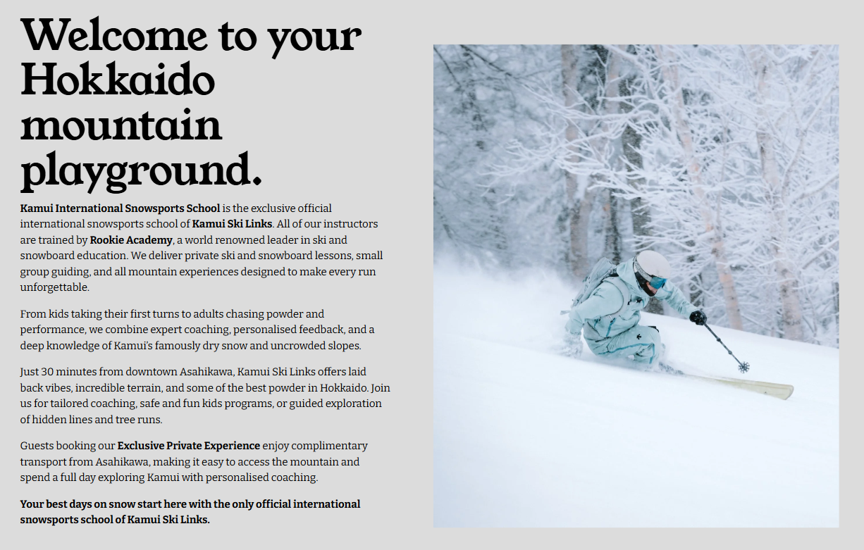 Ski instructor teaching beginner at Kamui Ski Links, Asahikawa, surrounded by snow-covered mountains.